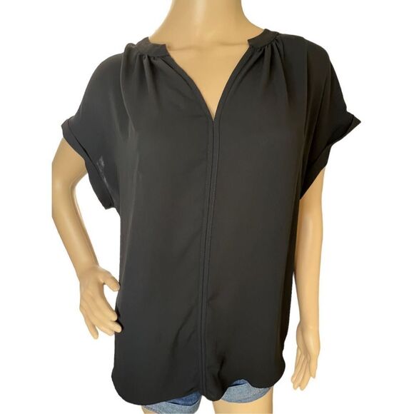 Anthropologie/Pleione Black Multi-Fabric V-Neck Short Sleeve Blouse - Picture 1 of 4